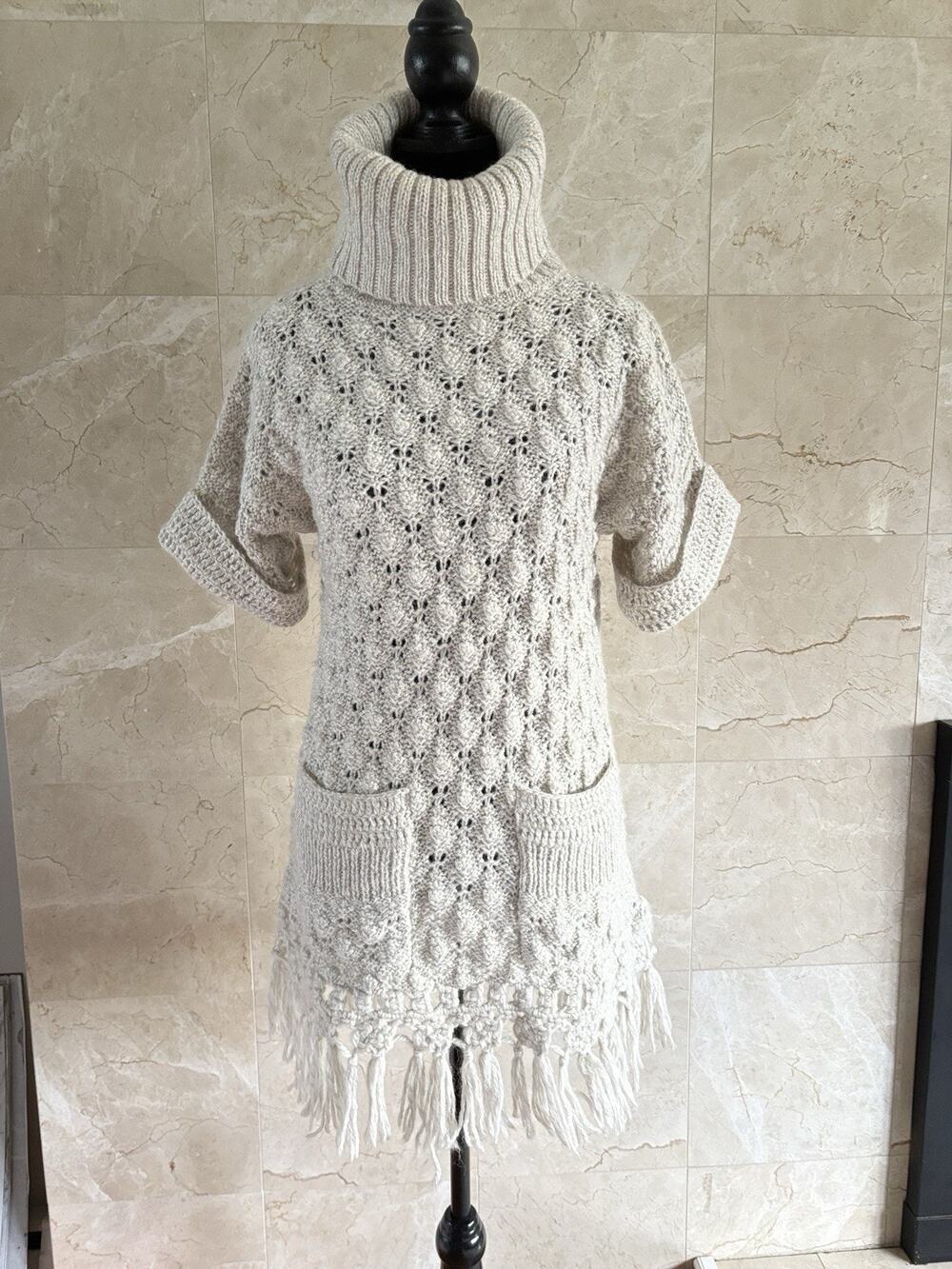 Rebecca Taylor Open-Knit Fringe Sweater Dress Tunic Small Beige Neutral Boho